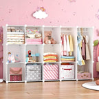 Modular Baby Wardrobe Closet, Portable Children Organizers and Storage for Nursery,15 Cubes with Hanging Rods,Multi-Functiona