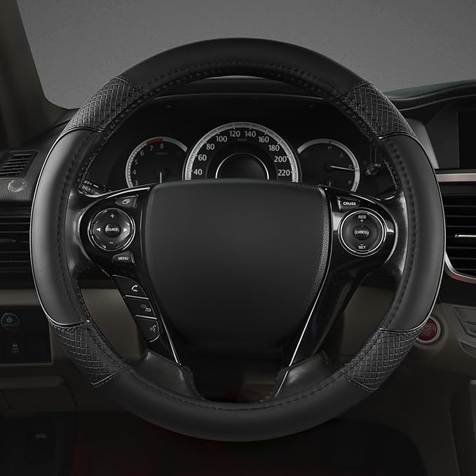 GIANT PANDA Microfiber Leather Steering Wheel Cover for Honda Accord,Civic,CR-V,HR-V,Pilot(Diamond-Pattern-Black-Standard Siz