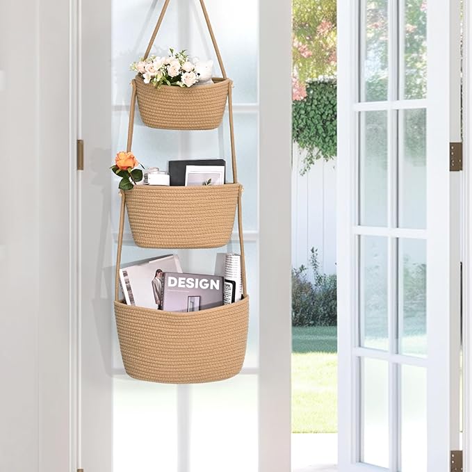 Hanging Storage Baskets, Over the Door Basket, Cotton Wall Baskets Storage, Hanging Door Basket with 4 Hooks
