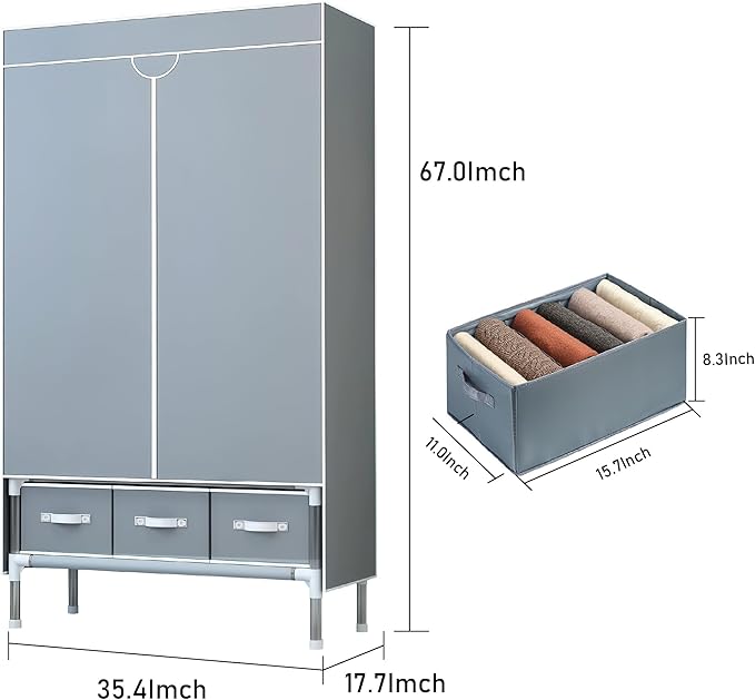 Portable Wardrobe Closet with Shelves & Drawers - Light Grey Oxford Fabric Clothes Organizer for Bedroom, Dorm Room - Waterpr