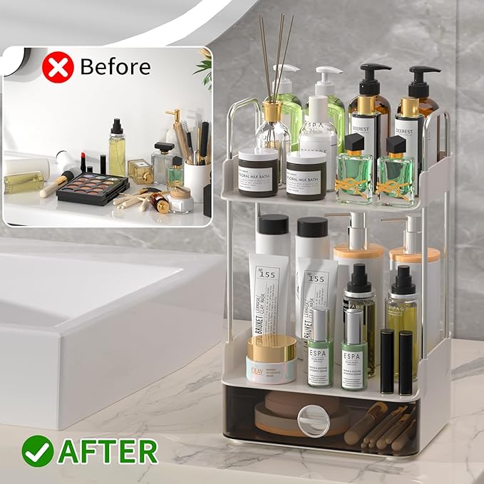 Bathroom Counter Organizer, 2 Tiered Organizer Countertop with Drawer, Makeup and Skincare Storage for Vanity, Desktop, Bathr