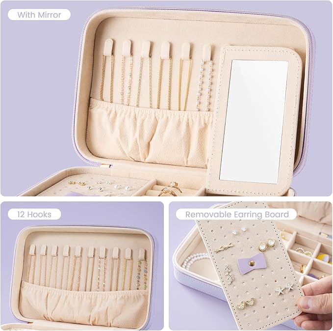 Lolalet Travel Jewelry Case for Women Girls, Travel Jewelry Organizer Box with Mirror & Clear Storage Bag, Small Portable Ear