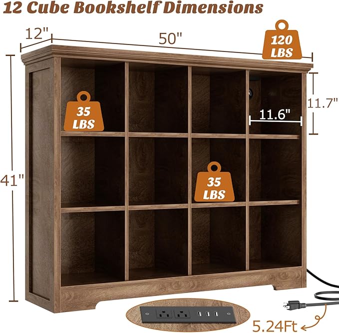 Aheaplus Wooden 12-Cube Storage Organizer with Charging Ports, Modern Cube Bookcase with Base, 4-Tier Floor Standing Open Cub