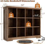 Aheaplus Wooden 12-Cube Storage Organizer with Charging Ports, Modern Cube Bookcase with Base, 4-Tier Floor Standing Open Cub
