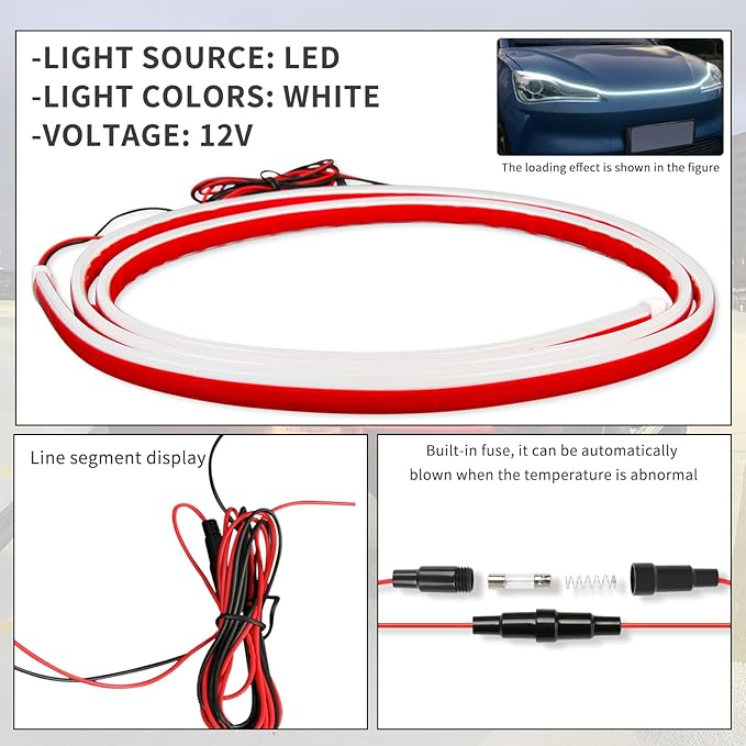 71 Inch Car Hood LED Strip, White Exterior Dynamic Car LED Hood Light, Flexible & Waterproof, Universal Exterior Daytime Running Light Strip with Fuse Protection for Cars, SUVs, Trucks
