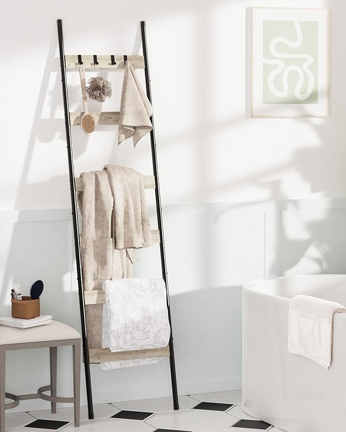 Blanket Ladder, 6-Tier Towel Holder with 4 Removable Hooks, Farmhouse Wall Leaning Decorative Rack Shelf, Wooden Towel Displa