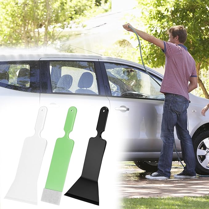 QWORK Window Tint Tool Bulldozer Squeegee Set 3 Pcs Long Handle Glass Scrubber Paddle for Car Windshield Cleaning & Film Installation Heavy Duty Car Detailing Kit for Tight Gaps