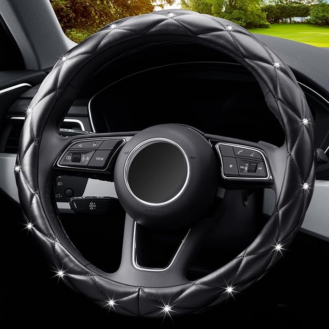 YOGURTCK Diamond Soft Leather Anti-Slip Steering Wheel Cover with Bling Bling Crystal Rhinestones, Universal 15 Inch for Wome