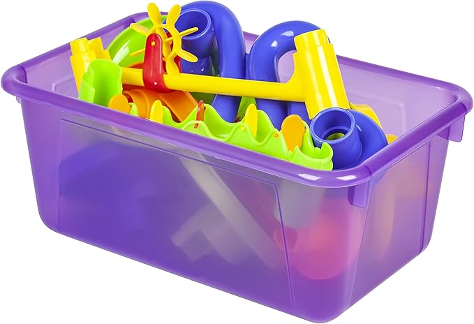 Storex Small Cubby Bins – Plastic Storage Containers for Classroom with Non-Snap Lid, 12.2 x 7.8 x 5.1 inches, Tint Violet, 5