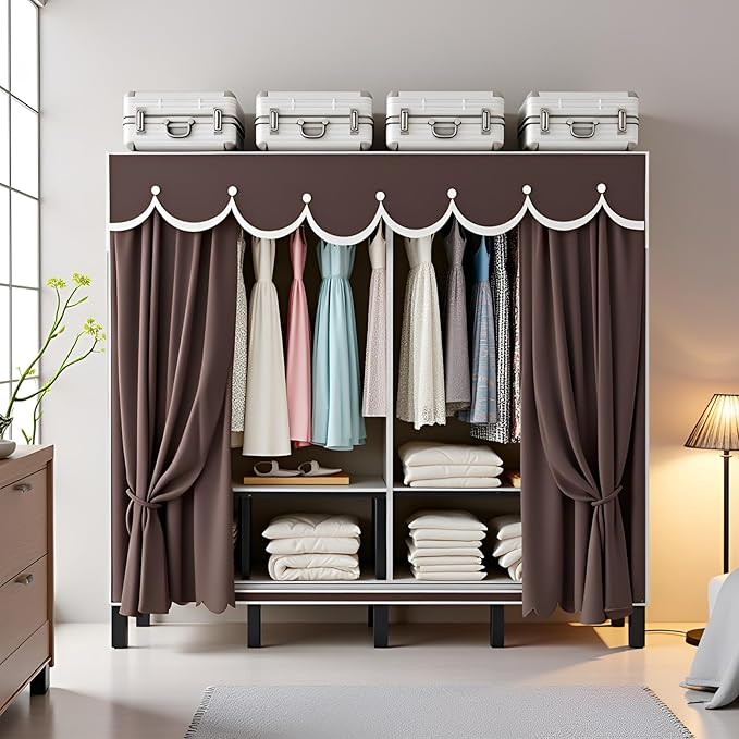 Heavy Duty Portable Wardrobe, Metal Foldable Covered Clothes Rack, 1500LBS, Freestanding Closet System Rolling Garment Rack, 