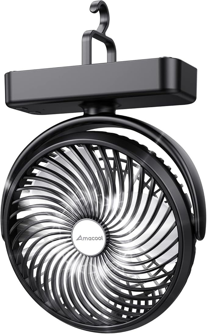 10000mAh Battery Operated Camping Fan with LED Light-7 inch USB Fan with Hanging Hook for Tent Car RV Hurricane Emergency Out