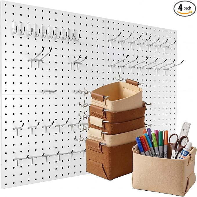 Spampur Peg Board, 4 Pack Metal PegBoard Organizer with Accessories, White Pegboard Panels with 50 Pcs Hooks and Baskets, Wal