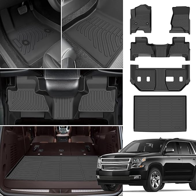 Floor Mats for Chevy Suburban 2015 2016 2017 2018 2019 2020, for GMC Yukon XL(with 2nd Row Bench), 1st & 2nd Rows &Cargo Mat, TPE Non-Slip Waterproof Summer Winter Chevrolet Suburban Car Accessories