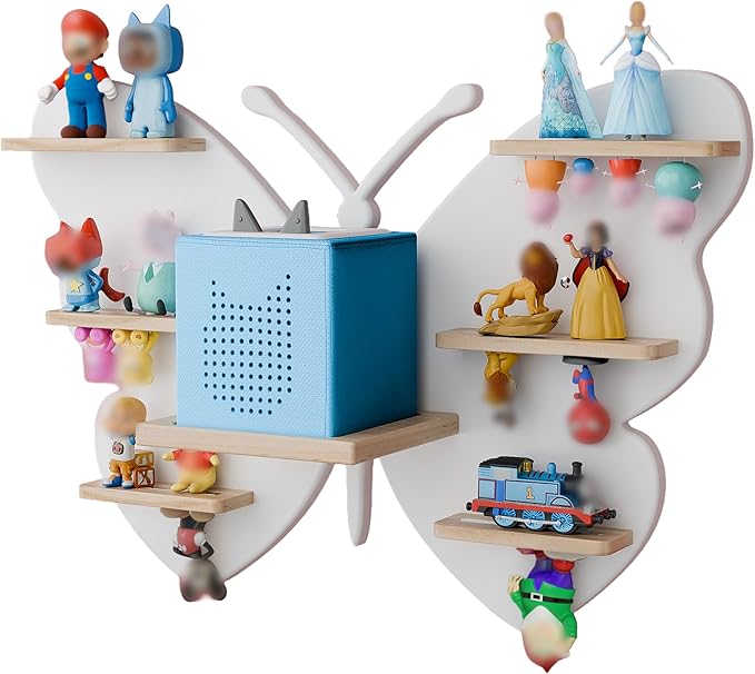 Butterfly Tonie Shelf for Tonie&TonieBox - White Magnetic Wooden Floating Shelves for Storage, Cute Tonie Wall Shelf for 20-3