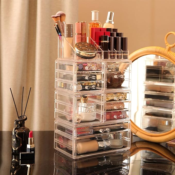 Cq Acrylic 4 Pack Clear Makeup Storage, Stackable 10 Drawer Organizer for Vanity, Jewelry, Hair Clip, Beauty & Skincare Produ