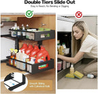 Under Sink Organizer, 2-Tier Dual Pull Out Cabinet Organizer Drawers With Smooth Circular Rail, Large Capacity Metal Mesh Sli