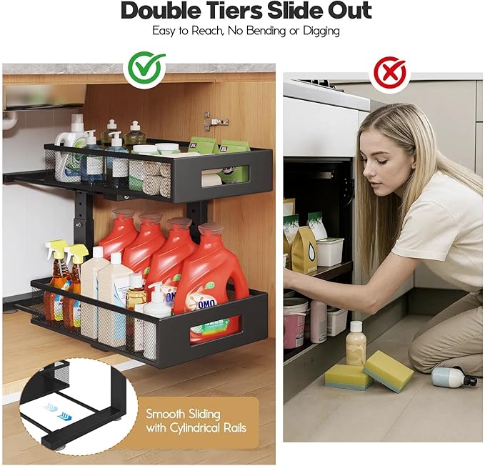 Under Sink Organizer, 2-Tier Dual Pull Out Cabinet Organizer Drawers With Smooth Circular Rail, Large Capacity Metal Mesh Sli