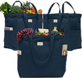 Nook Theory 3-Pack Reusable Grocery Bags - Heavy Duty, Large 12 Oz Cotton Canvas Reusable Shopping Bags With Pockets, 100% Cotton Cloth Grocery Totes, Foldable Multi Compartment (Deepblue)