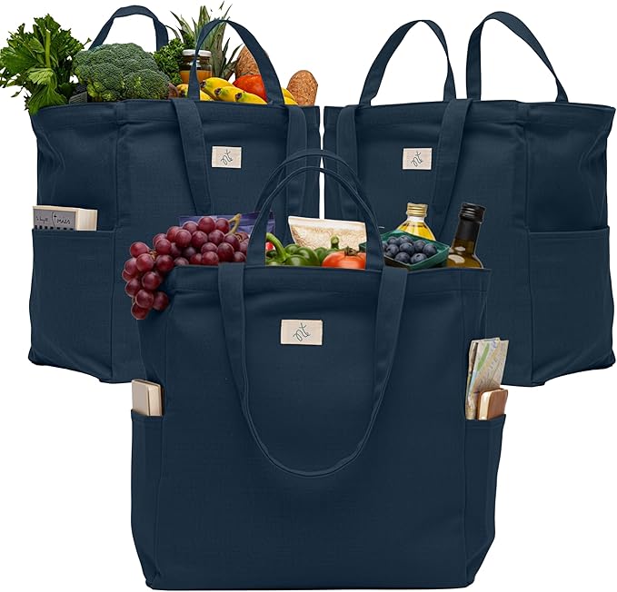 Nook Theory 3-Pack Reusable Grocery Bags - Heavy Duty, Large 12 Oz Cotton Canvas Reusable Shopping Bags With Pockets, 100% Cotton Cloth Grocery Totes, Foldable Multi Compartment (Deepblue)