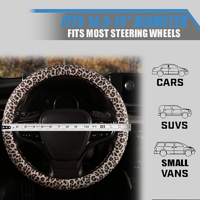 Leopard Print Steering Wheel Cover with Silicone Inner Ring, Non-Toxic, Odorless Silicone Leather with Non-Fading Cheetah Pat