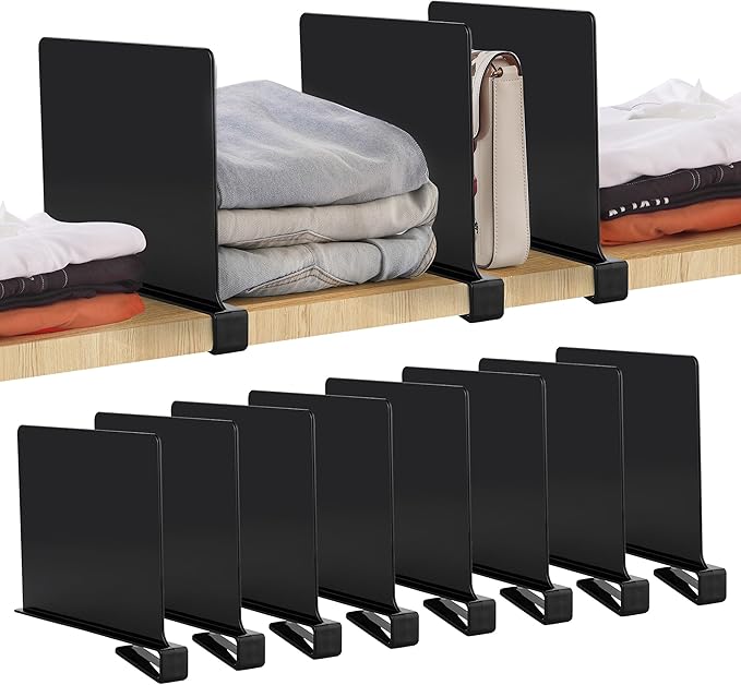 JOY DECOR 8 Pack Acrylic Matte Black Shelf Dividers for Closets Organizer and Storage Adjustable Vertical Wood Shelf Closet S