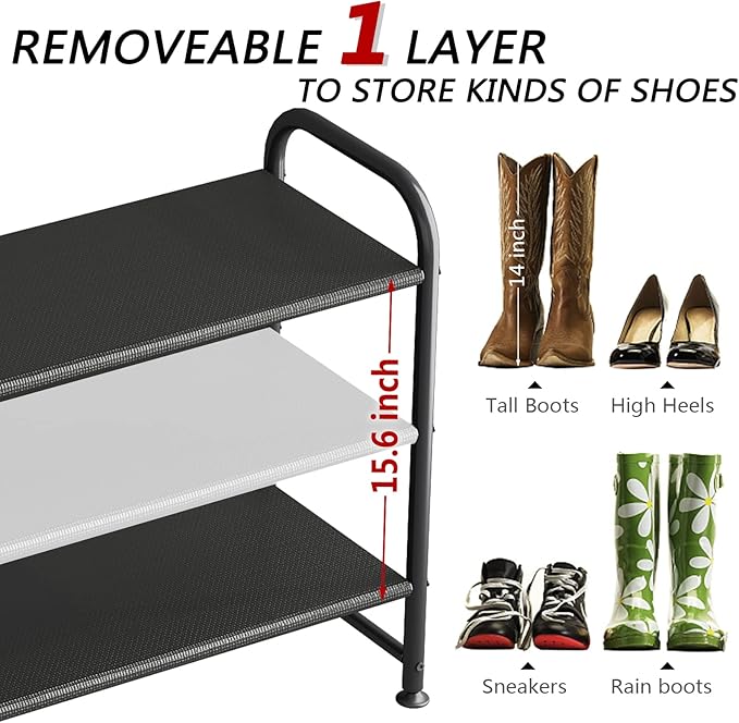 INGIORDAR Shoe Rack 3 Tier Long Storage Organizer Wide Metal Shoe Shelf for Closet Entryway Black