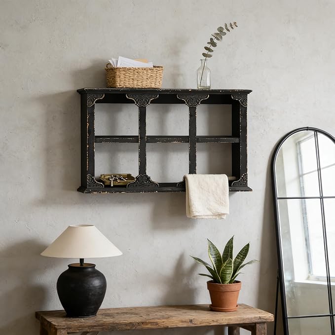 SOFE Distressed Black Floating Shelf with Carved Accents, 3-Tier Wall Shelving Unit, 24 Inch Long Farmhouse Decorative Wooden