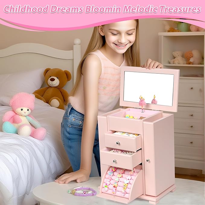 Emfogo Musical Jewelry Box for Girls, Large Kid Music Box with Ballerina for Birthday Bedroom Decor, 5 Layer Girl Jewelry Gif