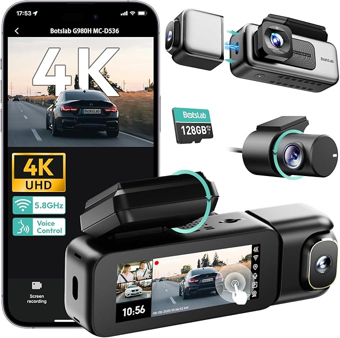 BOTSLAB 3 Channel Dash Cam 4K with 128GB Card, 3.18" Touch Screen, Voice Control, 4K Dash Cam Front and Rear Inside Loop Reco