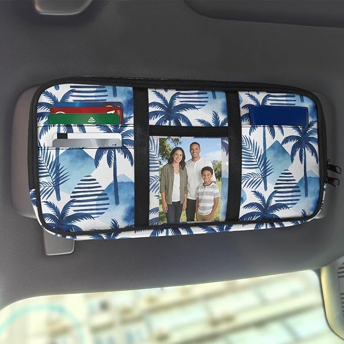 Sun Visor Organizer for Trucks,Blue Coconut Tree Car Essentials Tool Pack with Zipper Pockets Tactical Panel Adjustable Straps Auto Visor Storage Pouch