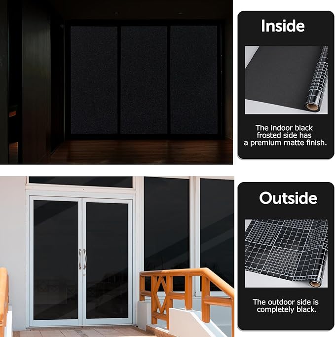 HIDBEA Blackout Window Film,100% Light Blocking Room Darkening Window Privacy Film,Frosted Glass Window Film Heat Control, Removable Window Cover Tint for Day Sleep (Black,17.5in x 6.5ft)