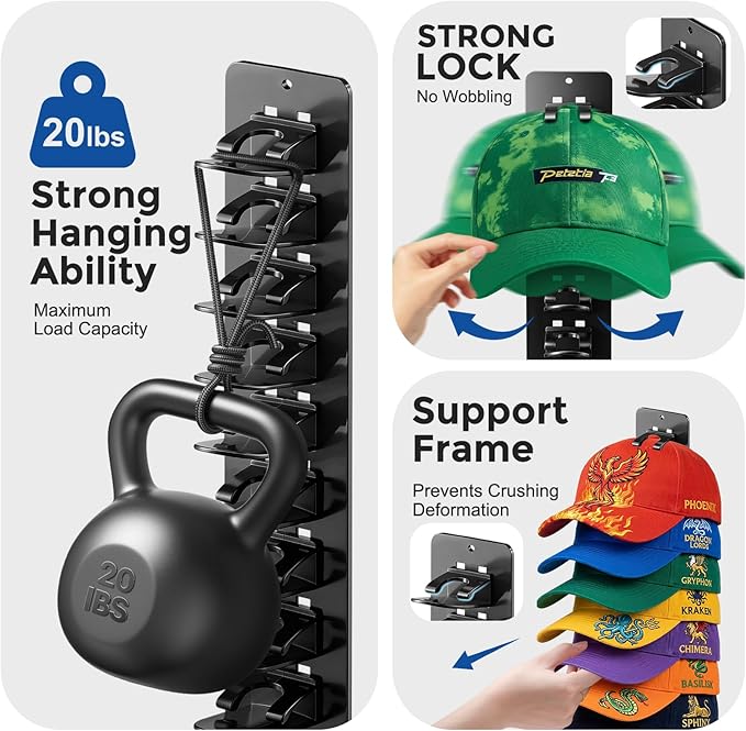 2 Pack Hat Hook Organizer for Baseball Caps, Hat Hanger Holder for 20 Caps, Wall Hat Rack with Strong Adhesive, Multilayer Ca