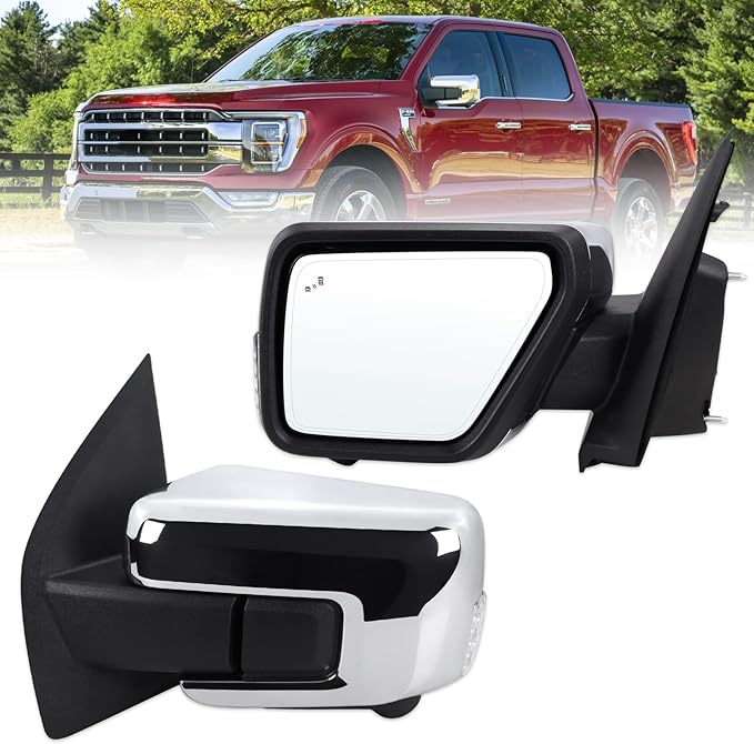 Left Driver Side Mirror Fits 2021-2026 Ford F150 With Power Folding Heated Blind Spot Turn Signal Puddle Light Temperature Sensors Mirror Memory Camera Chrome Replace#ML3Z17683FF5YGY(18+1Pins)