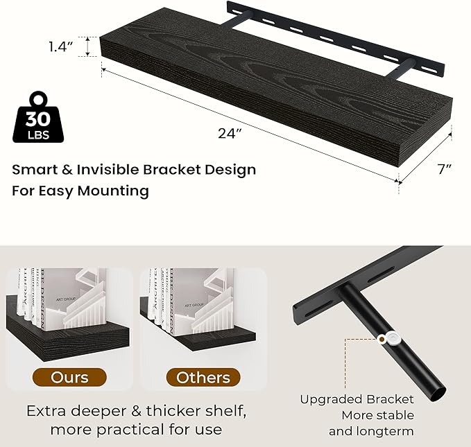 Dreamland 24 Inch Long Floating Shelves in Black,6.7 Inch Deep Floating Shelf for Wall,Large Display & Storage Shelf, Wall Sh