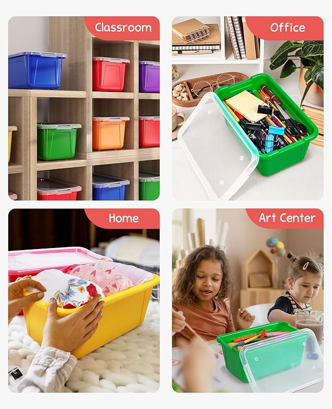 GAMENOTE 6 Quart Storage Bins with Lids,12 Pack Rainbow Plastic Latching Box for Classroom&Kids Toy Storage Opaque Stackable 