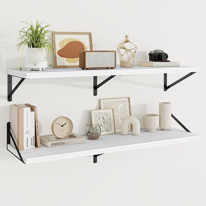 Floating Shelves, 12 Inch Deep Rustic Wood Wall Storage, 48W x 12D Wall Shelves Set of 2, Heavy Duty Metal Brackets, Large In