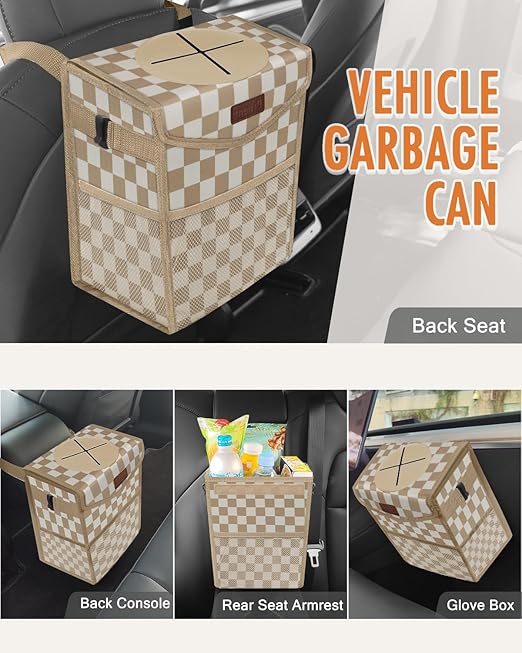 Car Trash Can with Lid, Cute Leakproof Car Trash Garbage Bag Hanging Vehicle Trash Bin Small Portable Automotive Garbage Cans Organizer for Back/Front Seat(Trapezoid,Khaki Checkered)