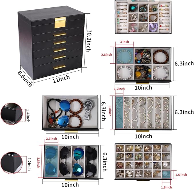 BOOVO Jewelry Boxes for Women, White and Black 6 Layer Large Jewelry Box for Necklace, Bracelet, Earrings, Rings Storage, Jew