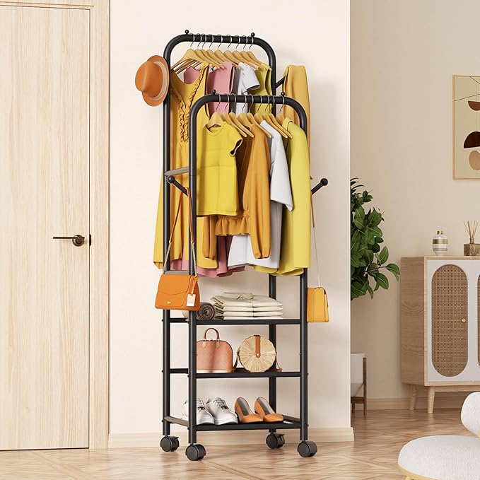 Furologee Clothing Racks for Hanging Clothes, Portable Rolling Garment Rack, Sturdy Metal Freestanding Clothes Rack with Whee