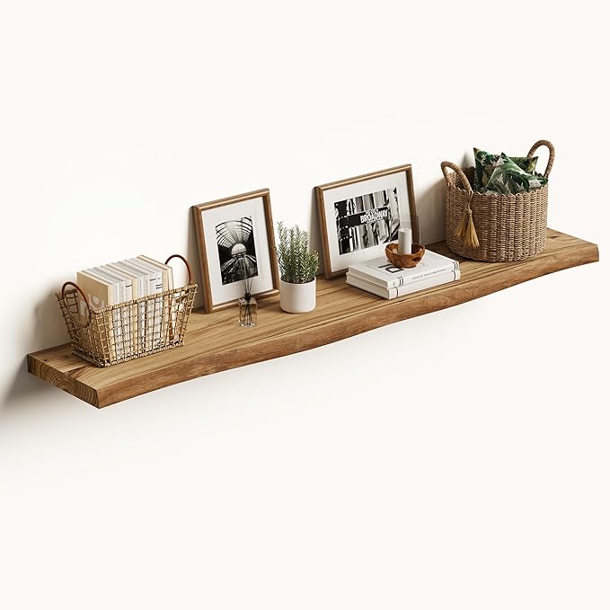 Vivelove Live Edge Floating Shelves Solid Wood, 48 Inch Set of 1, Elm Shelves for Wall with Invisible Bracket for Living Room