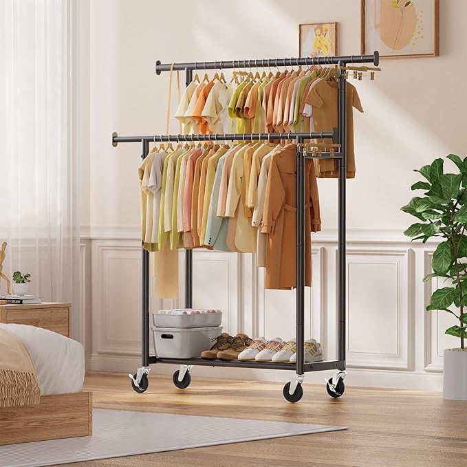 Simple Trending Clothes Rack, Double Rods Clothing Rack for Hanging Clothes, Metal Garment Rack with Rolling Wheels, Portable