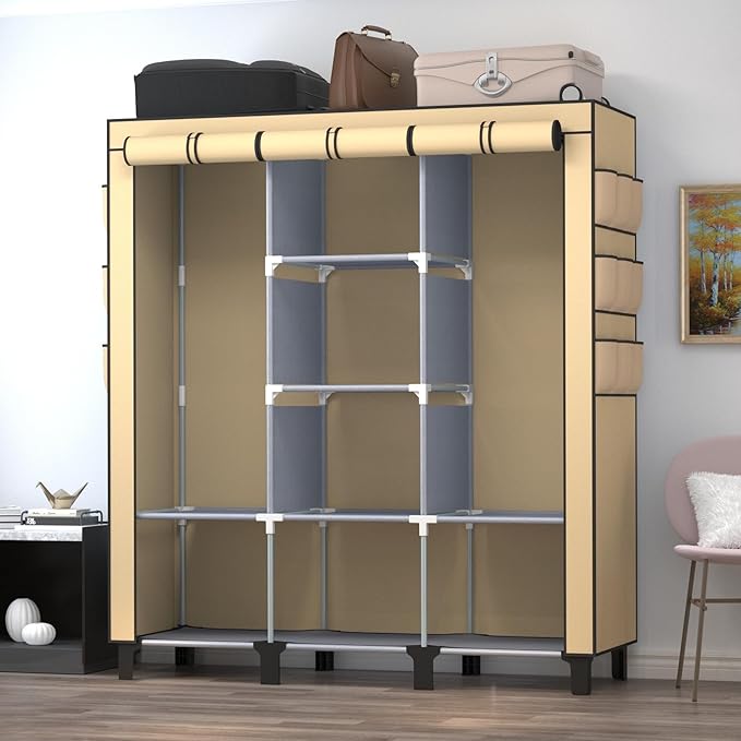 Portable Wardrobe with 10 Storage Racks and 2 Hanging Poles 6 Side Pockets Fleece Cover, Size 130 x 45 x 172 cm, Bedroom Clos