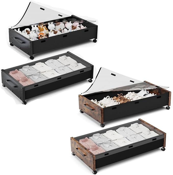 KITHELP Under Bed Storage with Wheels, Wooden Under Bed Drawers 2pack Black Wood & 2pack Vintage Brown