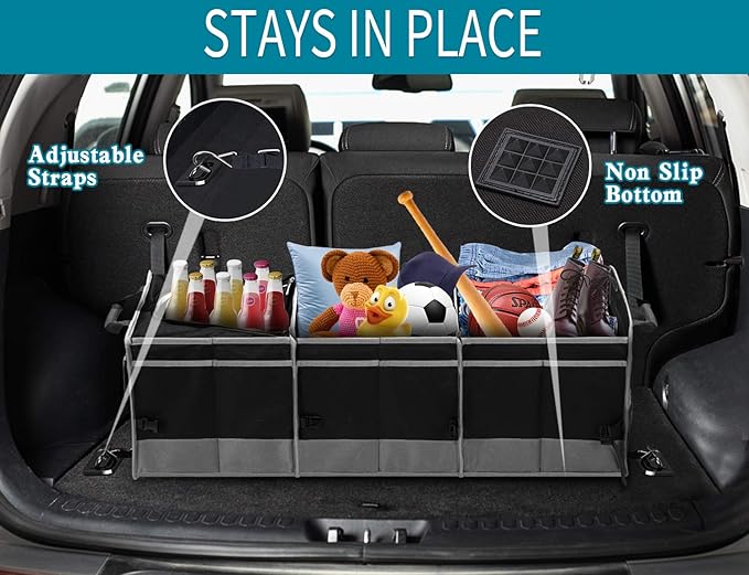 Trunk Organizer with Cooler, Collapsible Trunk Storage Container with Non Slip Bottom Strips, Large Multi-Compartment Waterproo