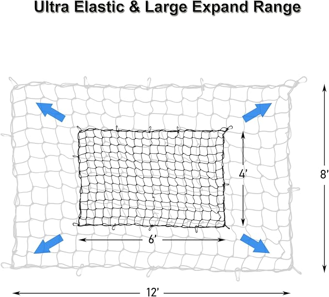 Amiss 4' x 6' Stretches to 8' x 12' Truck Cargo Net, Roof Rack Cargo Net for Pickup Trucks SUV, Heavy Duty Truck Bed Cargo Bungee Net with 12 Black Clips and Storage Bag, Car Exterior Accessories