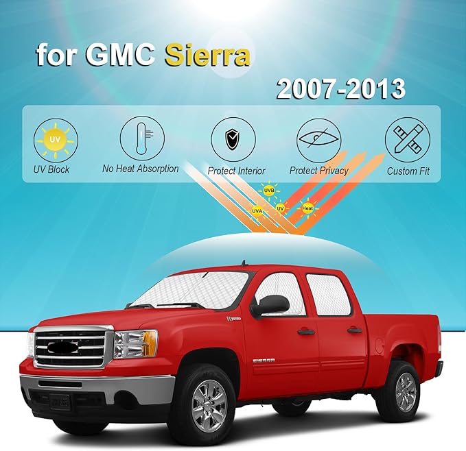 KMF 5pcs Car Sun Shades Custom for GMC Sierra 2007-2013 Accessories 2007-2013, Car Window Covers Sunshade for Windshield Side, Sun Visor UV Block and Blackout Privacy for Camping Outdoor