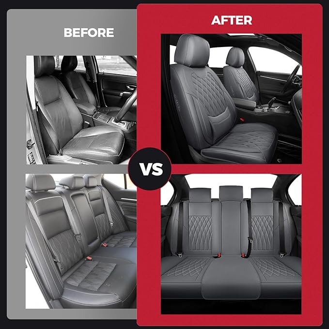 FREESOO Gray Car Seat Cover Full Set - Faux Nappa Leather Seat Covers for Cars, Luxury Breathable Waterproof Front Seats Cush