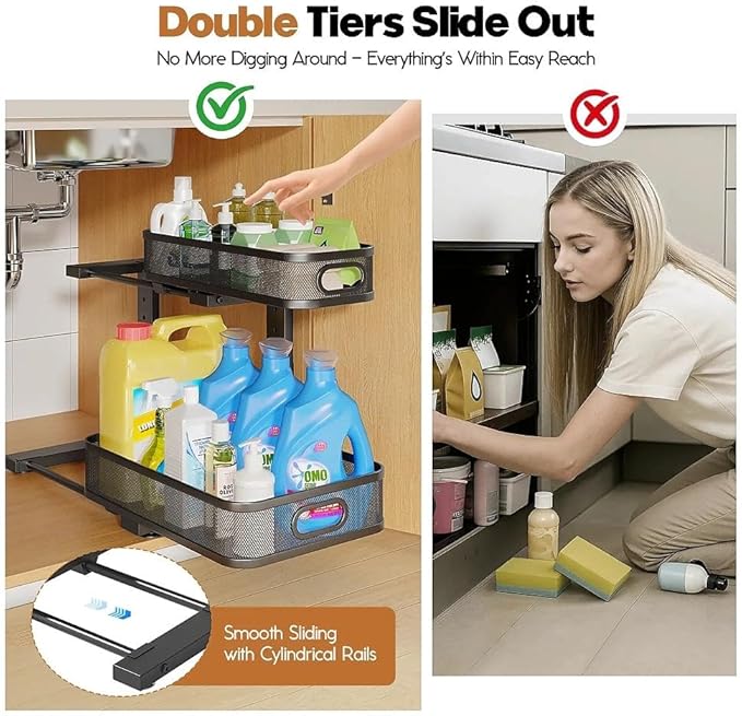 1 Pack 15.7IN-Depth Under Sink Organizer With Smooth Cylindrical Rail,2-Tier Pull Out Multi-Purpose Cabinet Storage for Bathr