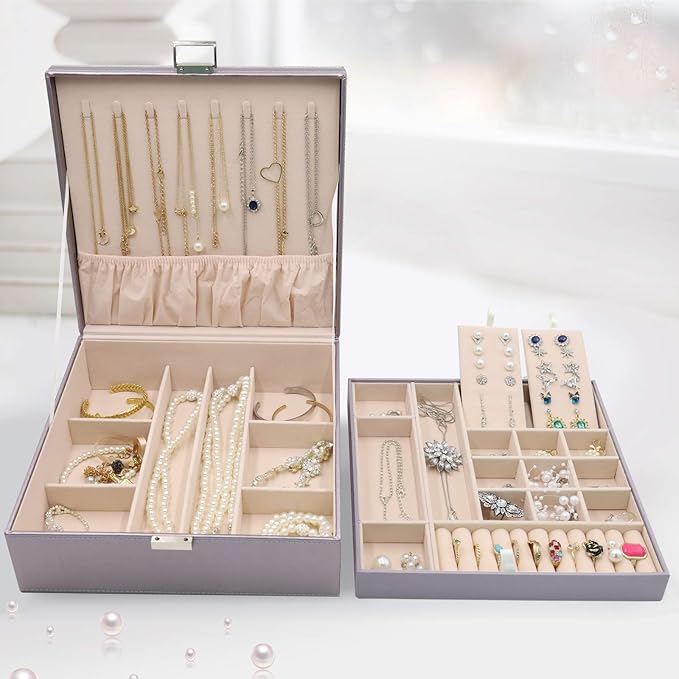 ProCase Jewelry Box for Women, 2 Layers Large Leather Jewelry Organizer Storage Case with Removable Pad for Earrings -Pearliz