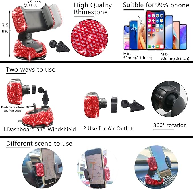 NBTEPEM 27 PCs Red Bling Car Accessories Set for Women, Steering Wheel Covers Universal Fit 15 Inch, Bling License Plate Frame, Bling Phone Holder, Bling Car Coasters (Red Diamond)